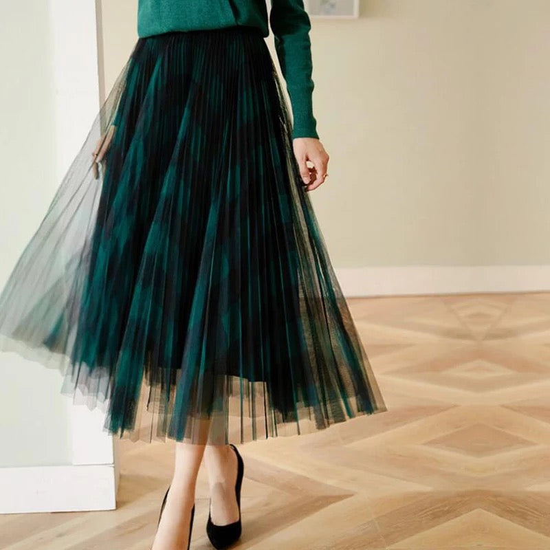 Long Pleated A Line Tulle Skirt