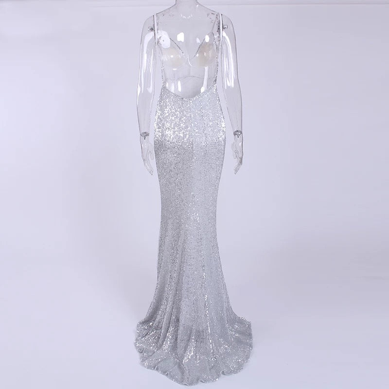 Sequined Stretch Backless Evening Dress