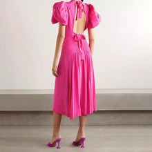 Load image into Gallery viewer, Pink Puff Sleeve Hollow Out Midi Dress