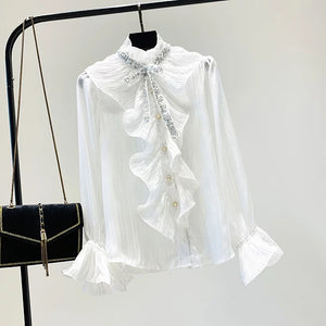 Chiffon Sequins Bow Tie Blouse