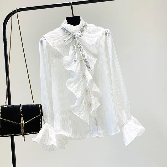 Chiffon Sequins Bow Tie Blouse