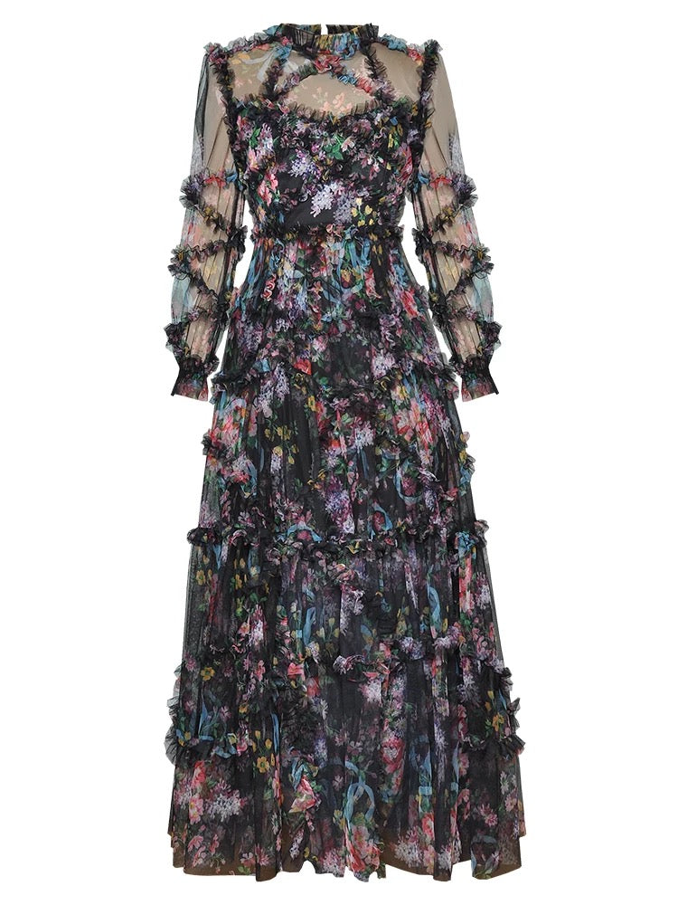 Mesh Floral Print Ruffle Maxi Dress