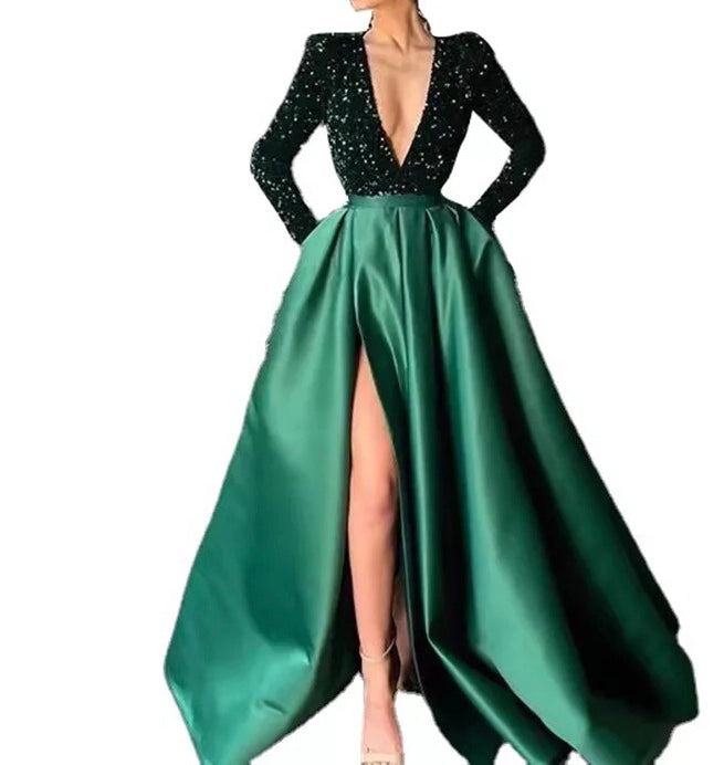 Deep V Neck Long Sequin Dress
