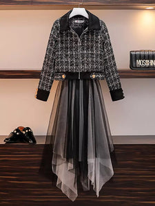 Plaid Tweed Jacket & Mesh Dress Patchwork 2 Piece Set