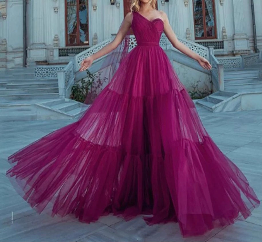 Cape Sleeve Ruffled Tulle Prom Evening Dress – yourpersonalstylistuk