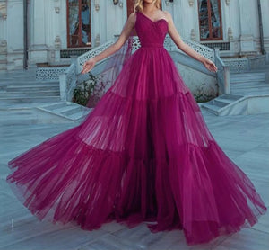 Cape Sleeve Ruffled Tulle Prom Evening Dress