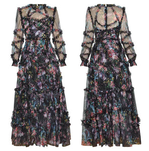 Mesh Floral Print Ruffle Maxi Dress