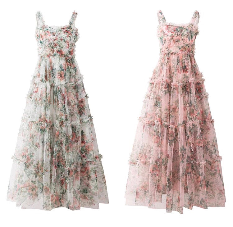 Mesh Ruffles Flower Spaghetti Dress