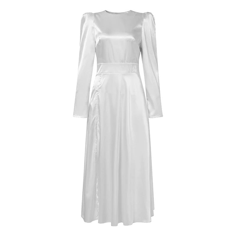 Elegant Satin Open Back Long Sleeve Slit Hem Belted Dress