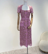 Carregar imagem no visualizador da galeria, Pink Square Collar Lace Mid-length Dress