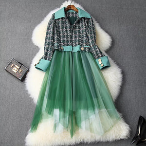 Plaid Tweed Jacket & Mesh Dress Patchwork 2 Piece Set