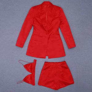 Red Satin Blazer Tops Shorts Set