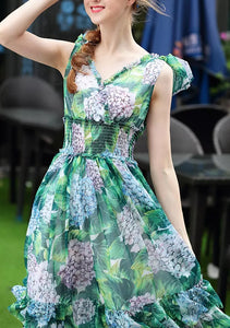 Green Printed Tiered Long Dress