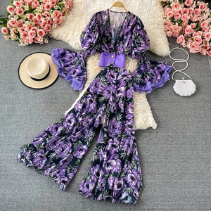 Floral Chiffon Flare Two Piece Set