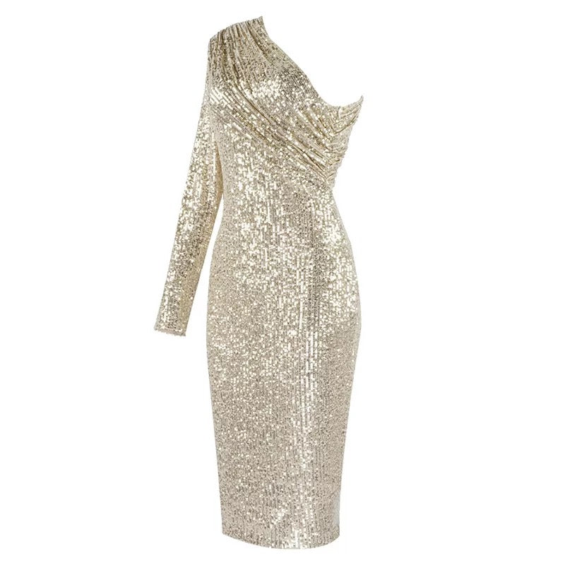 One Shoulder Mesh Sequins Dress