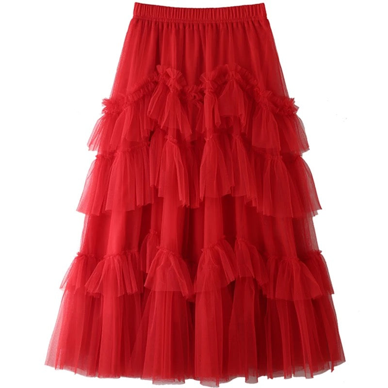 Mesh Ruffle Tulle Midi Skirt