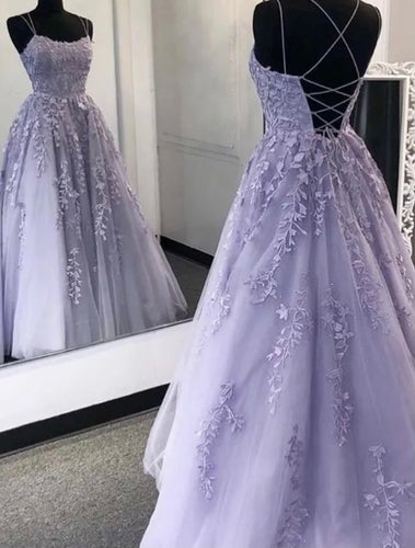 Lilac Lace Spaghetti Straps Prom Dress