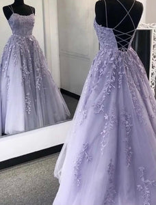 Lilac Lace Spaghetti Straps Prom Dress