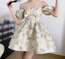 Load image into Gallery viewer, Bow Jacquard Puff Sleeve Mini Dress