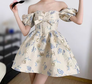 Bow Jacquard Puff Sleeve Mini Dress