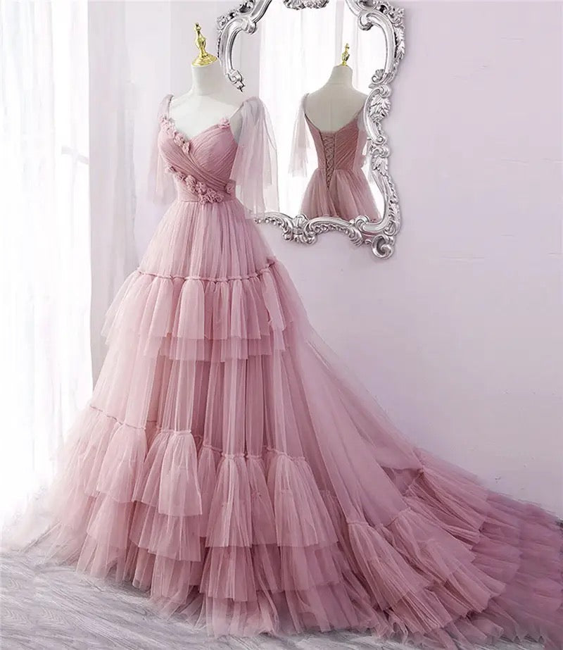 Tulle Tiered Flowers Train Prom Gown