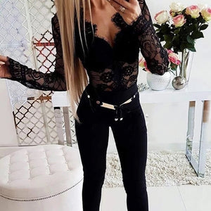 Black Lace Slim Bodysuit Blouse