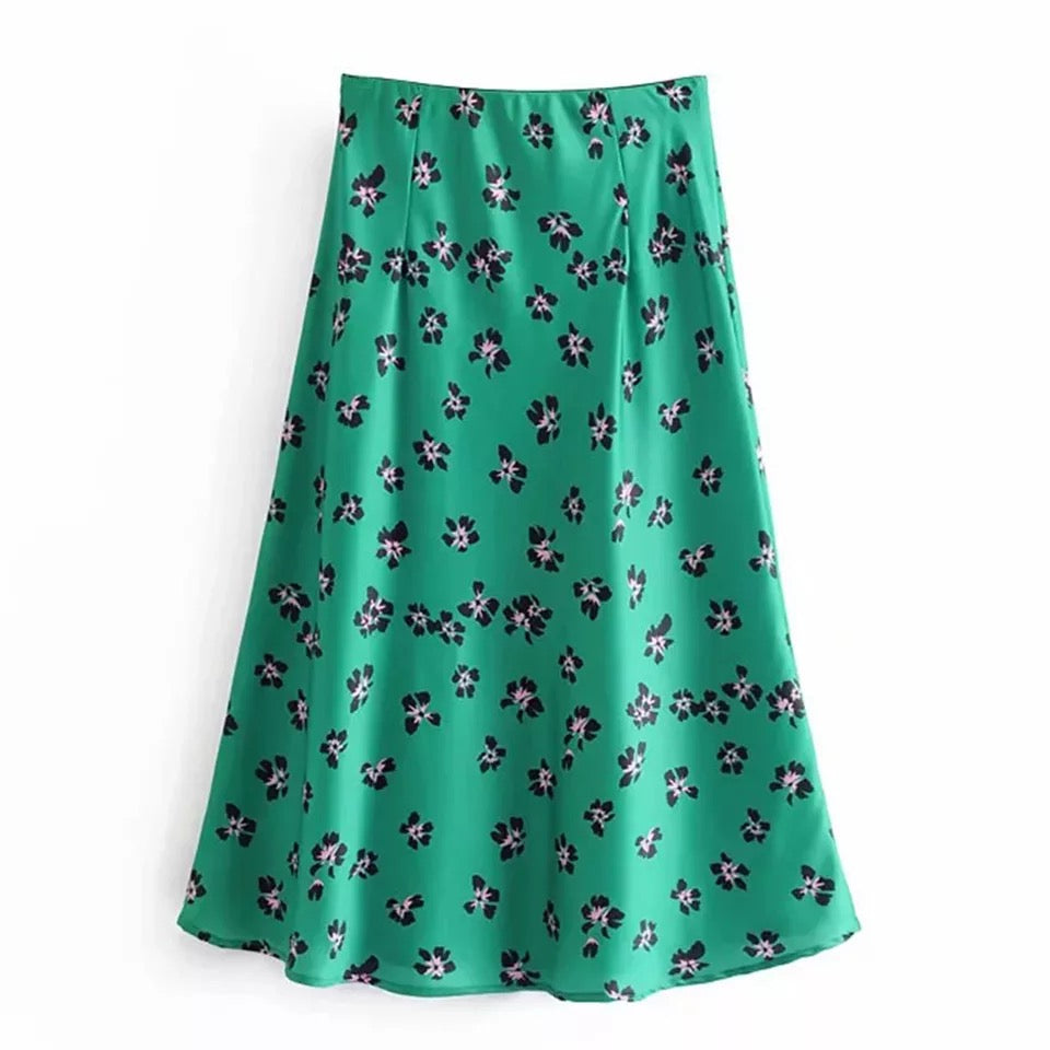 Green Floral Slim Midi Skirt