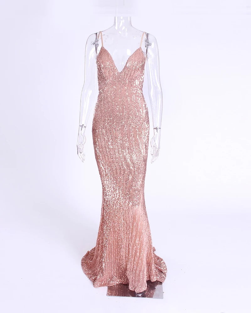Sequined Stretch Backless Evening Dress