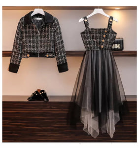 Plaid Tweed Jacket & Mesh Dress Patchwork 2 Piece Set