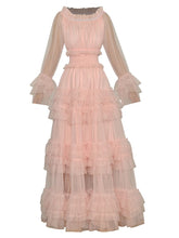 Carica l&#39;immagine nel visualizzatore di Gallery, Mesh O-Neck Flare Ruffles Maxi Dress