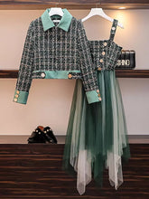 Charger l&#39;image dans la galerie, Plaid Tweed Jacket &amp; Mesh Dress Patchwork 2 Piece Set