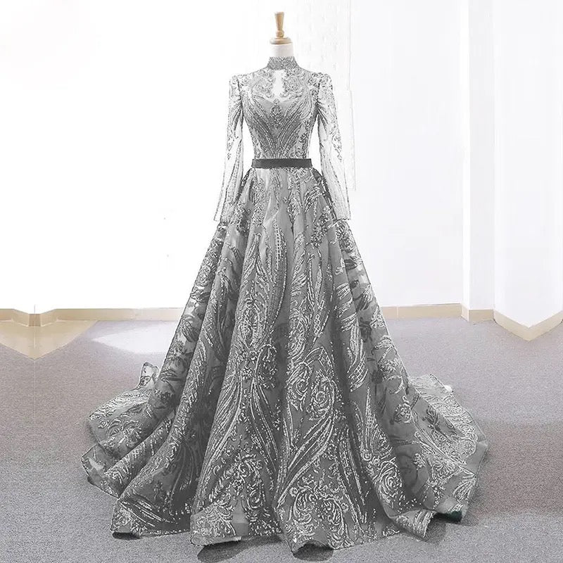 High Neck Sequin Arabic Wedding Party Dress