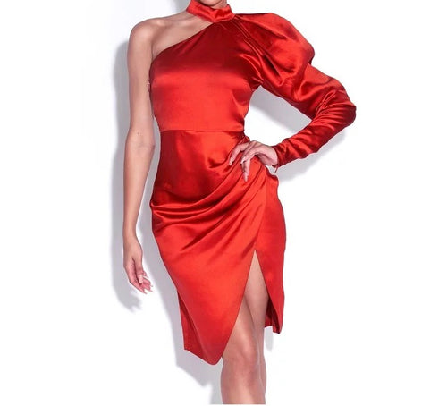 Red One Shoulder Draped Dress