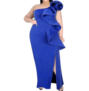 Blue Shiny Ruffle Bodycon Evening Dress