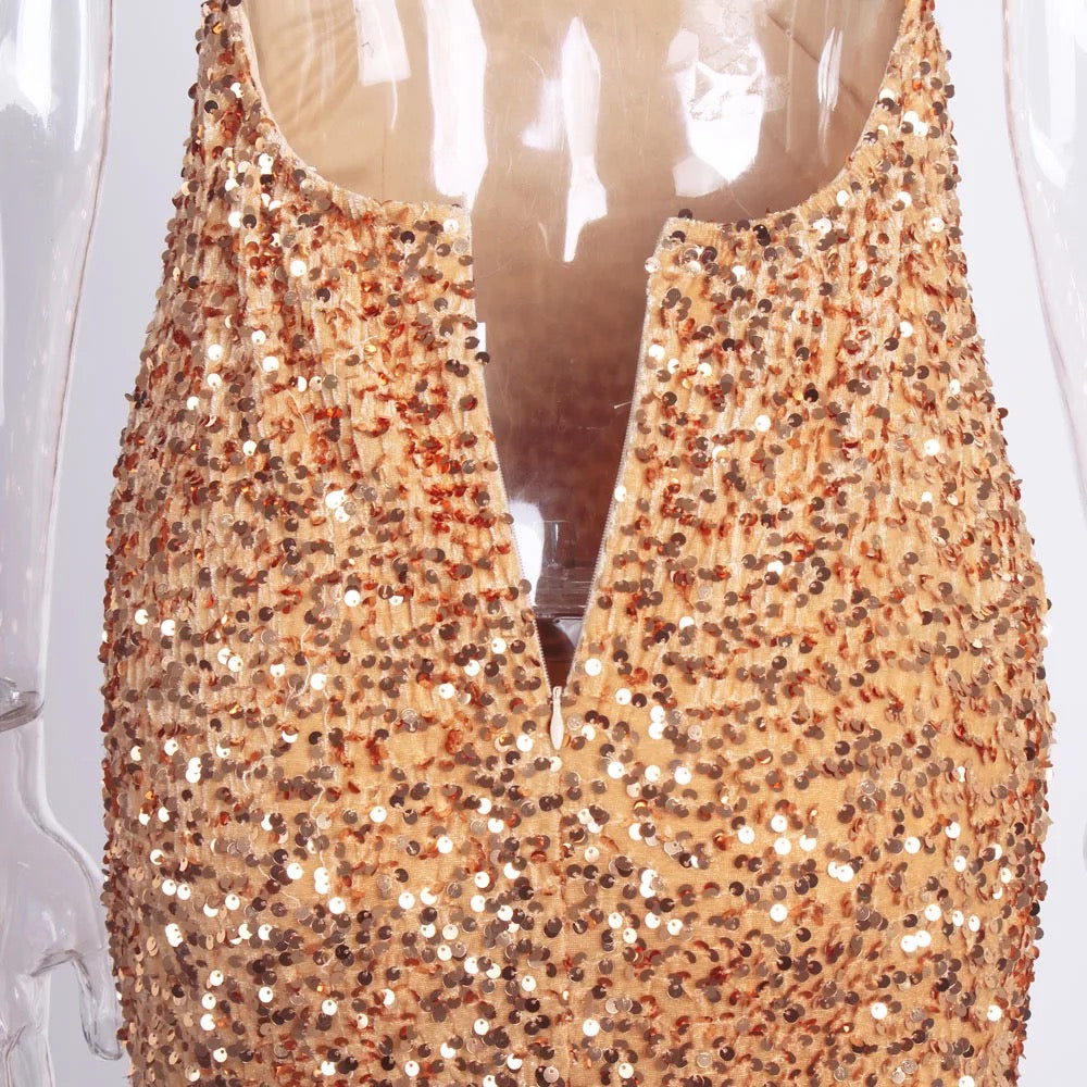 Sequin Stretch Backless Slit Dress