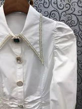 Load image into Gallery viewer, White Patchwork Lapel Pearl Blouse