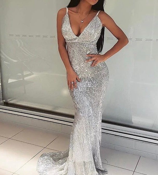 Sequined Stretch Backless Evening Dress