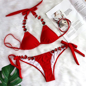 Big Rhinestone Straps Bikini Set