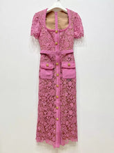Carregar imagem no visualizador da galeria, Pink Square Collar Lace Mid-length Dress