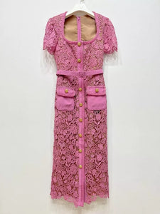 Pink Square Collar Lace Mid-length Dress