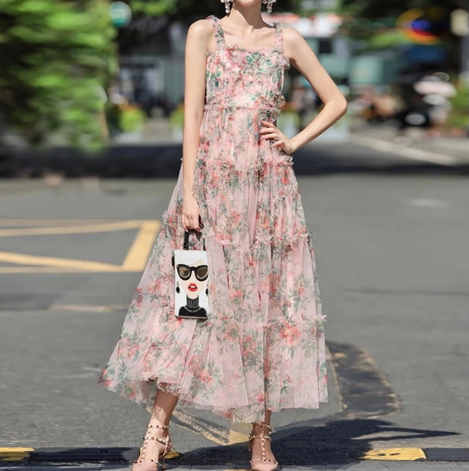 Mesh Ruffles Flower Spaghetti Dress
