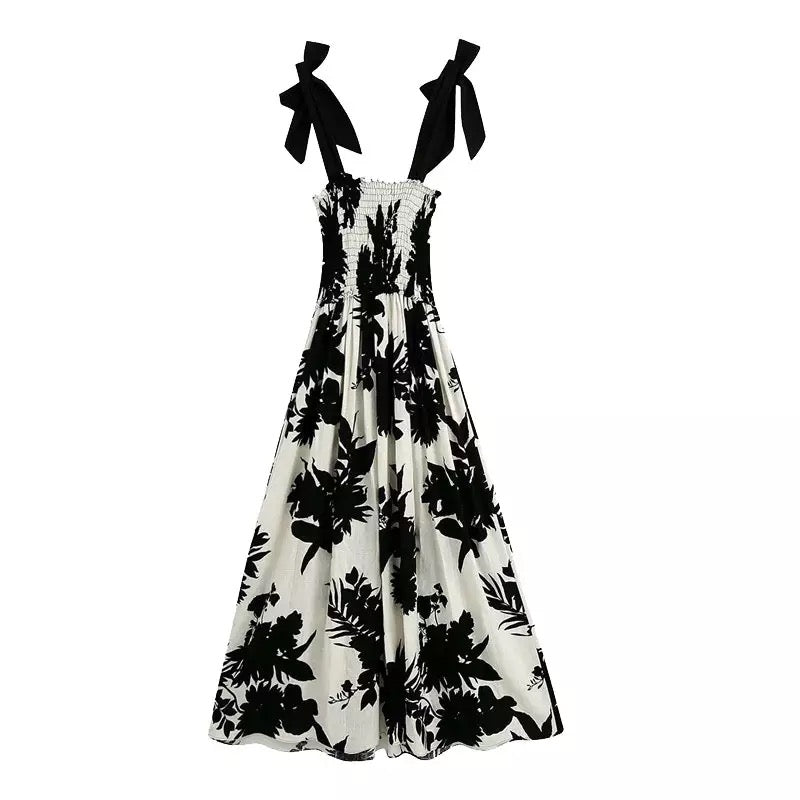 Vintage Bow Printed Linen Midi Dress