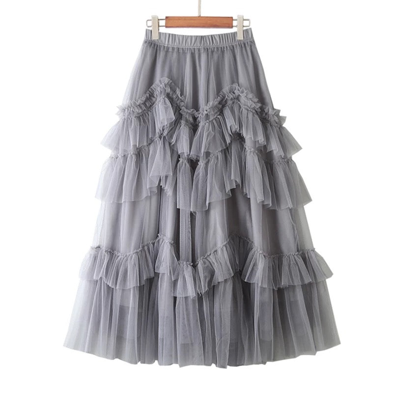 Mesh Ruffle Tulle Midi Skirt