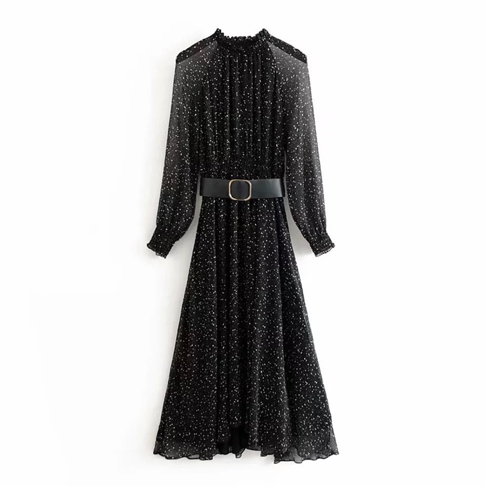 Polka Dot Print With Belt Chiffon Dress