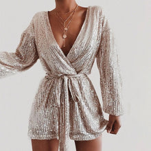 Load image into Gallery viewer, Lantern Sleeve Wrap Sequin Dress