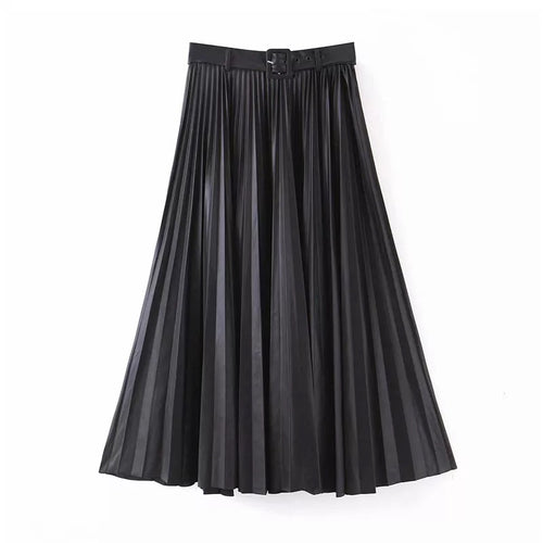 Stylish PU Leather Pleated Skirt with Belt