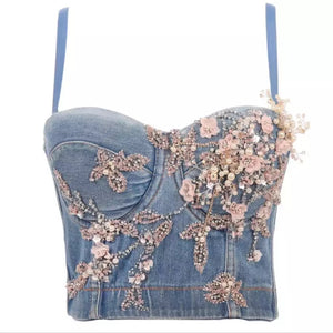 Flower beading Denim Corset Top