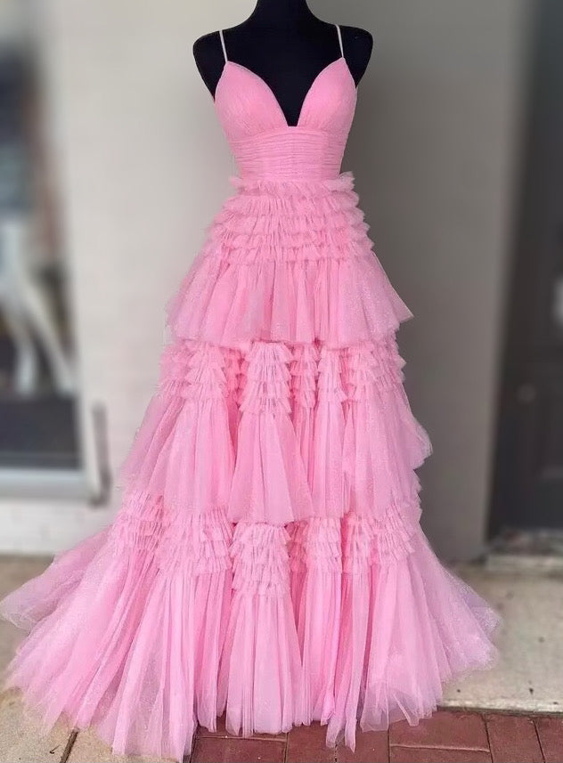 Glitter Side Slit Tiered Prom Dress