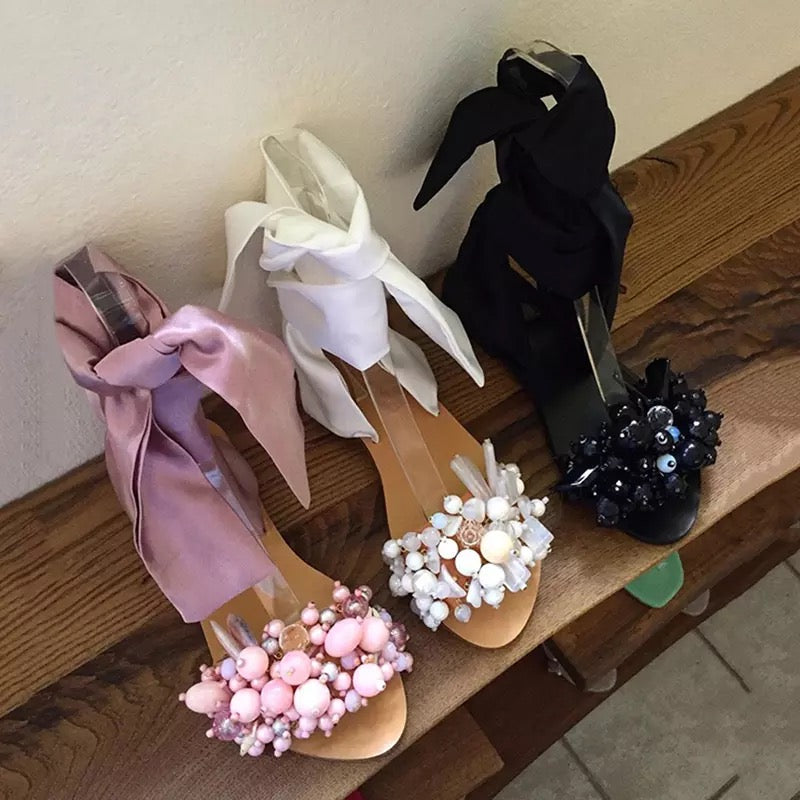 Lace Up Beads Flower Sandal