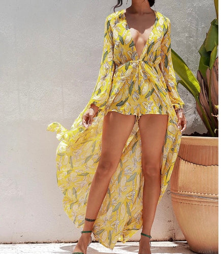 Deep V-Neck Chiffon Print Jumpsuit
